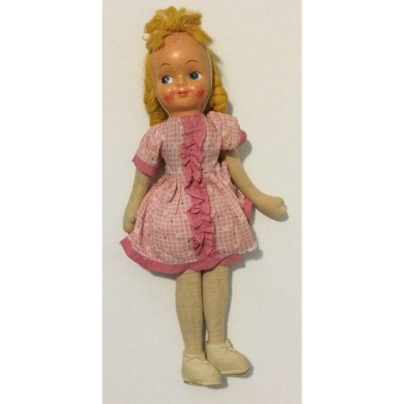 Vintage 17” Cloth Sawdust Doll Celluloid Hand Painted Face Jointed Legs - Picture 2 of 8
